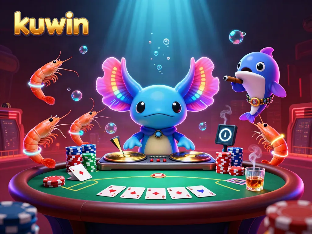 Engage in a vibrant underwater scene at Kuwin, where a neon axolotl DJ spins records amidst lively shrimp dancers, surrounded by poker elements and glowing visuals.