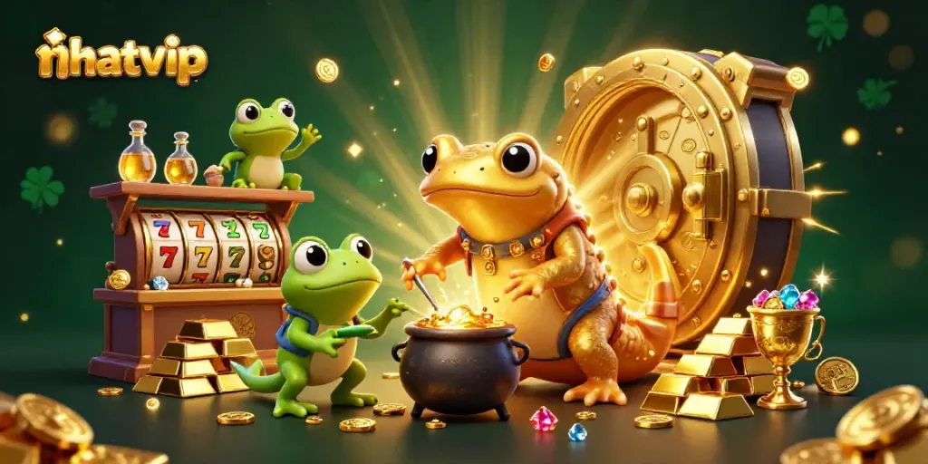 Engage with nhatvip as the alchemist transforms base metals into gold coins in a vibrant casino scene.