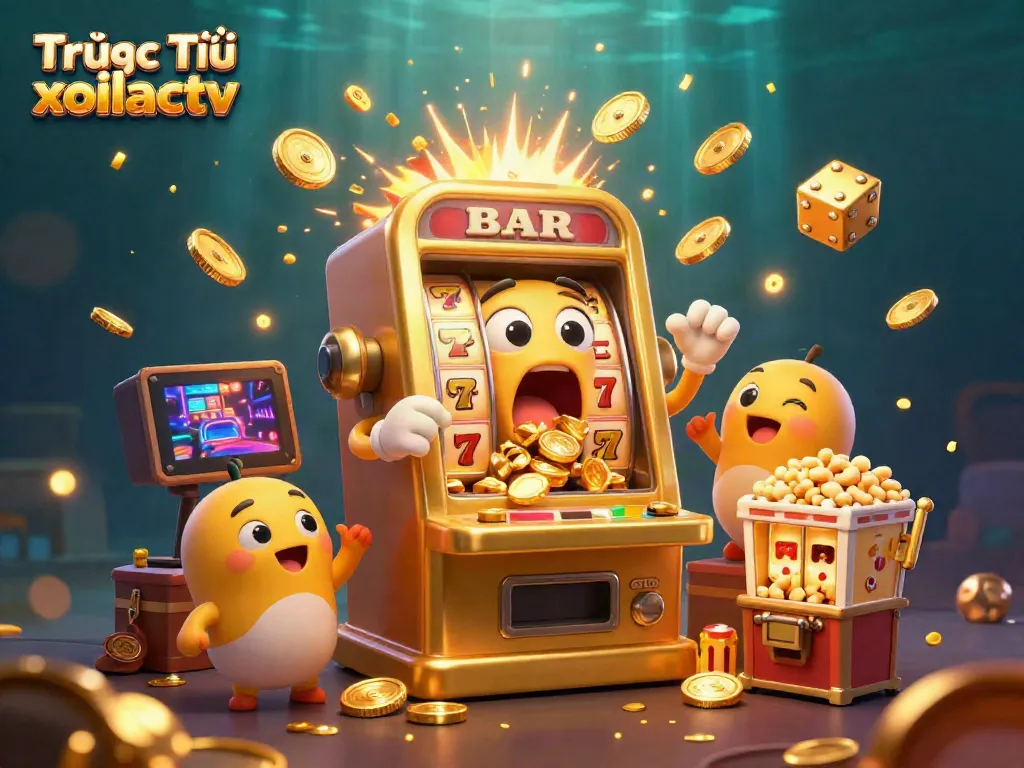 Enjoy Trực Tiếp xoilactv action with a lively scene of animated slot machines celebrating a big jackpot explosion.