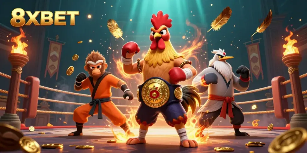 Engage with 8XBET through vibrant 3D illustration showcasing dynamic characters in an exciting casino environment.