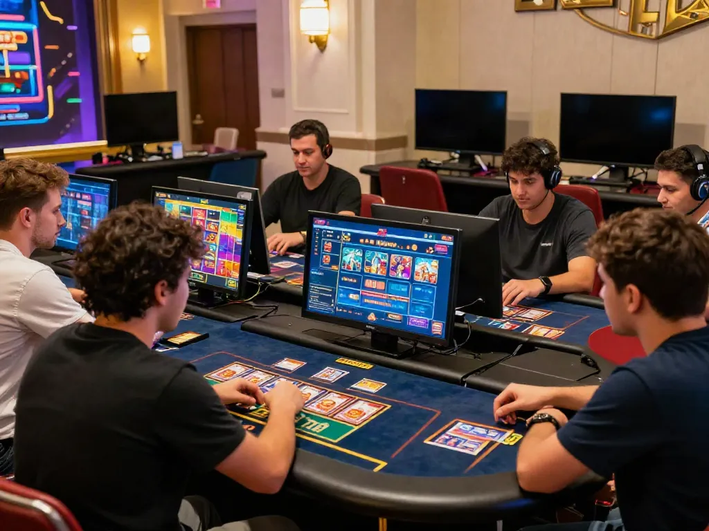 Dynamic online gaming experience at https://sunwint4.com/ with diverse players around colorful casino games.