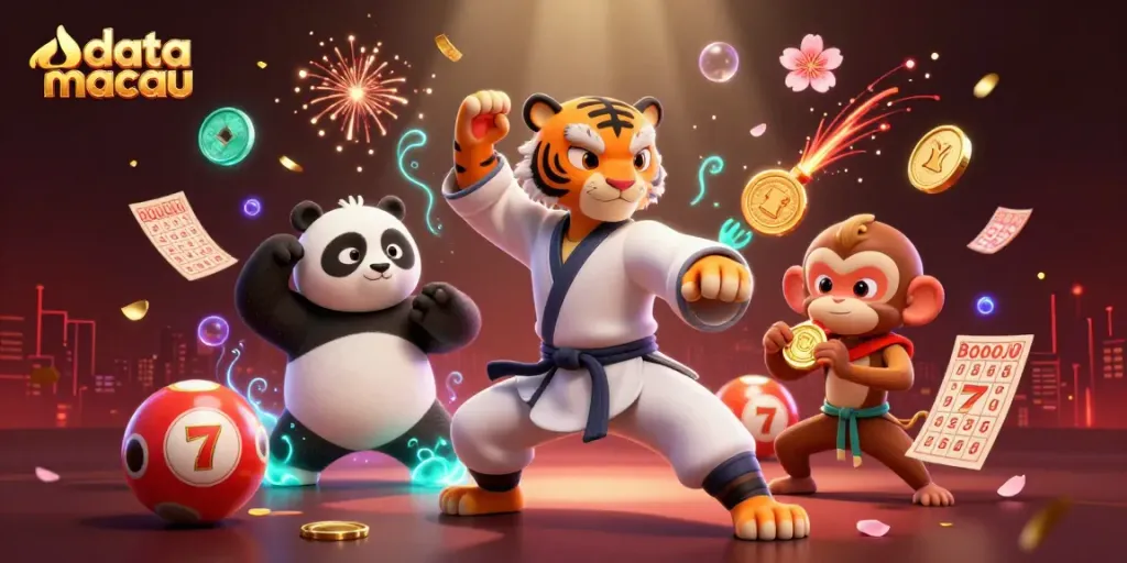 Taruhan data macau dengan karakter kartun 3D dan elemen kemenangan lotere yang berkilauan.