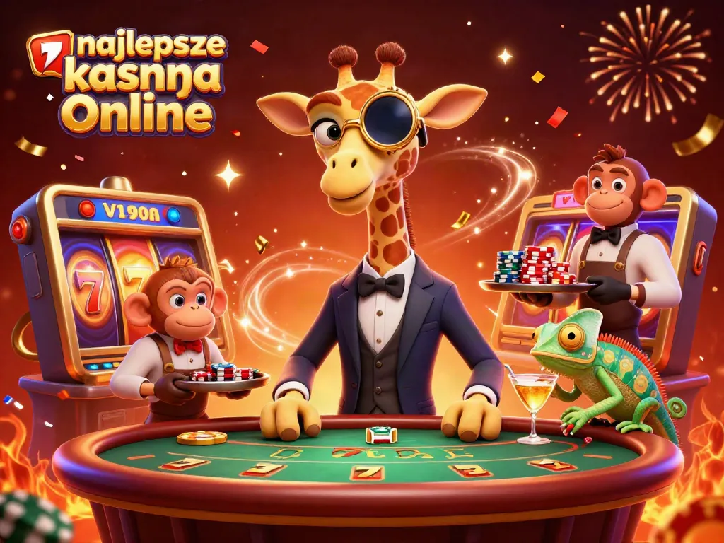 Experience the best online casinos with a vibrant scene featuring a giraffe, monkey, and chameleon at a gaming table.