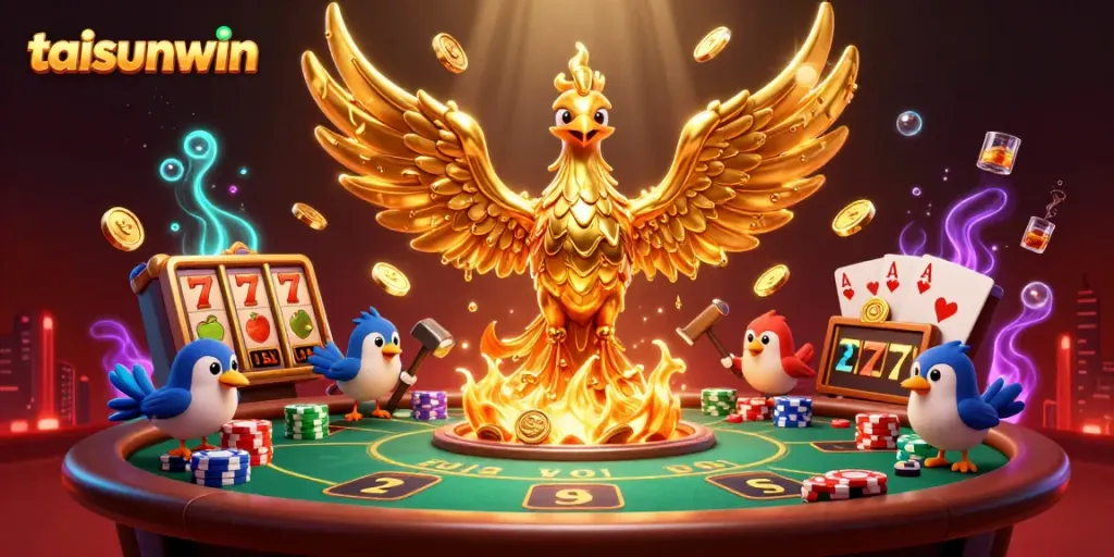 Experience winning jackpots with taisunwin's golden phoenix amidst vibrant casino chaos.