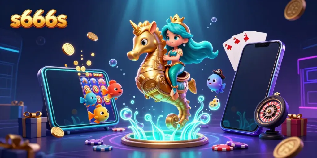 Experience the thrilling world of s666s with vibrant 3D elements, mermaid, and casino games.