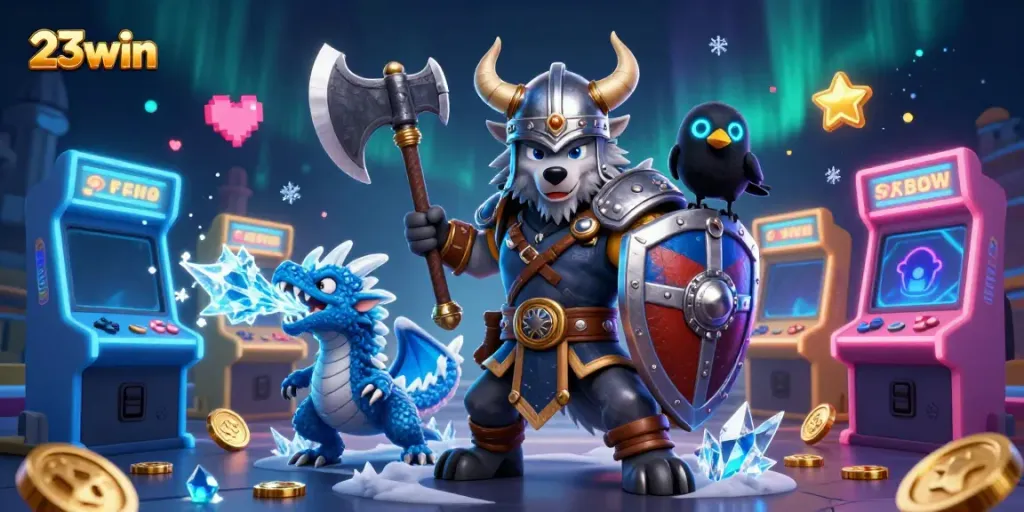 Experience exhilarating gameplay with the 23win Viking warrior battling alongside a fierce dragon.