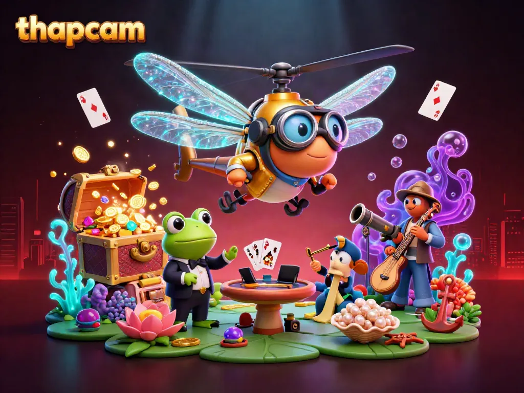 Engage with thapcam's lively casino scene featuring a dragonfly pilot and frog croupier for exciting gameplay.