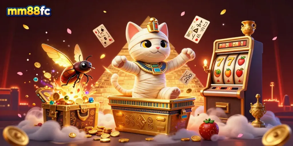 Experience thrilling gameplay with mm88fc as a mummy cat bursts from a casino sarcophagus.