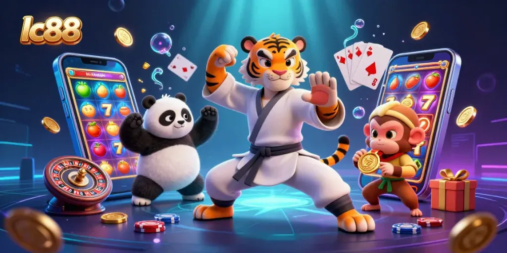 Engage with lc88's thrilling slots experience through a vibrant 3D illustration featuring fun characters.