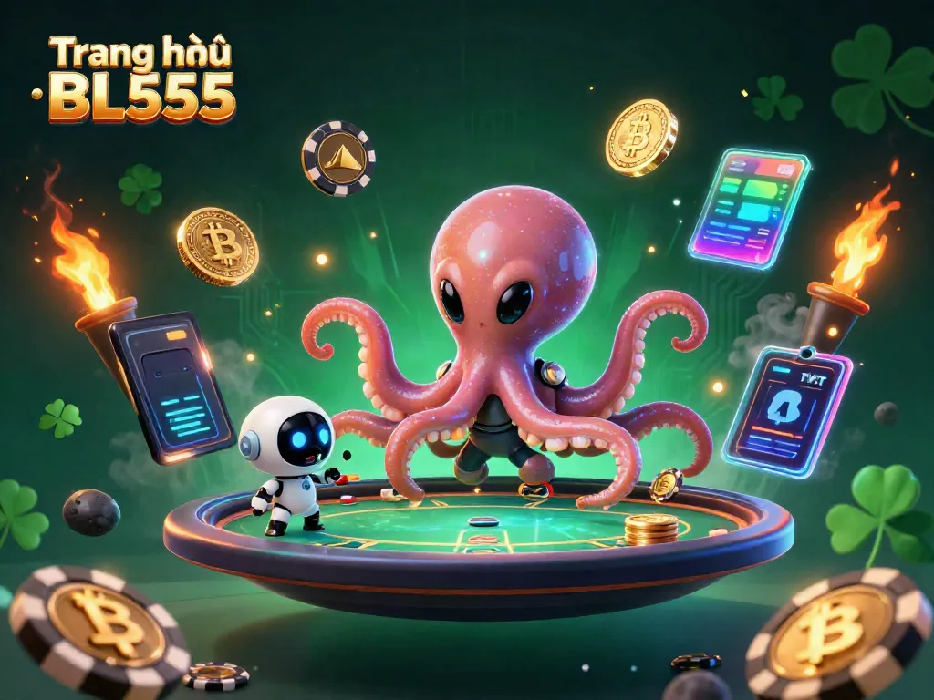 Engage in thrilling gameplay on Trang chủ BL555 with vibrant poker scenes featuring an alien octopus and glowing crypto elements.