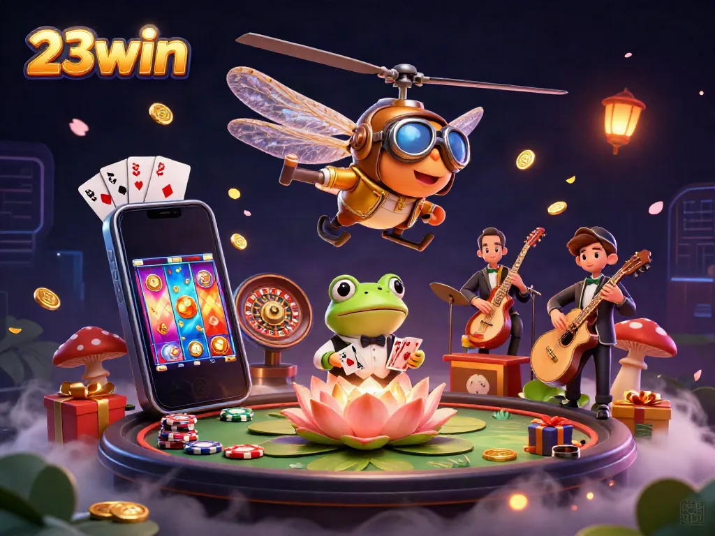 Engage in thrilling games at 23win with a 3D illustration of vibrant casino elements and lively characters.
