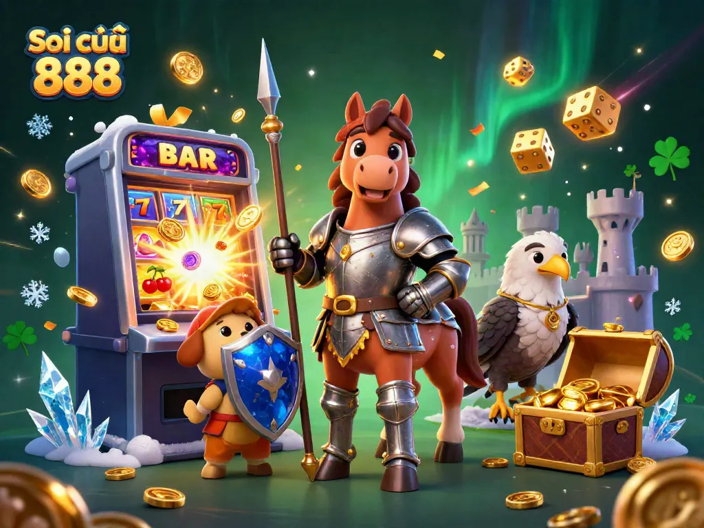 Soi cầu 888 brings excitement with a knight, puppy, and falcon amid a jackpot explosion.
