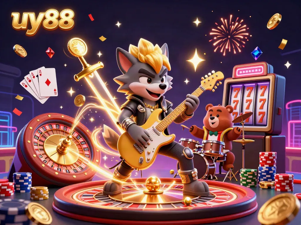 Experience the thrill of uy88 with a vibrant 3D concert scene featuring a rock star wolf and dynamic game elements.