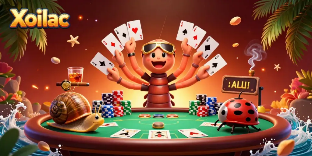 Xoilac features a vibrant cartoon illustration of a dealer and high-roller at a lively casino scene.