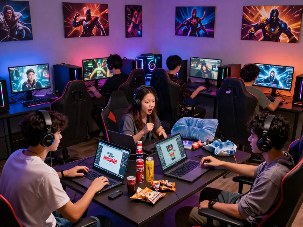 Gamers enjoying a multiplayer session at warung168 lounge, surrounded by vibrant gaming decor.