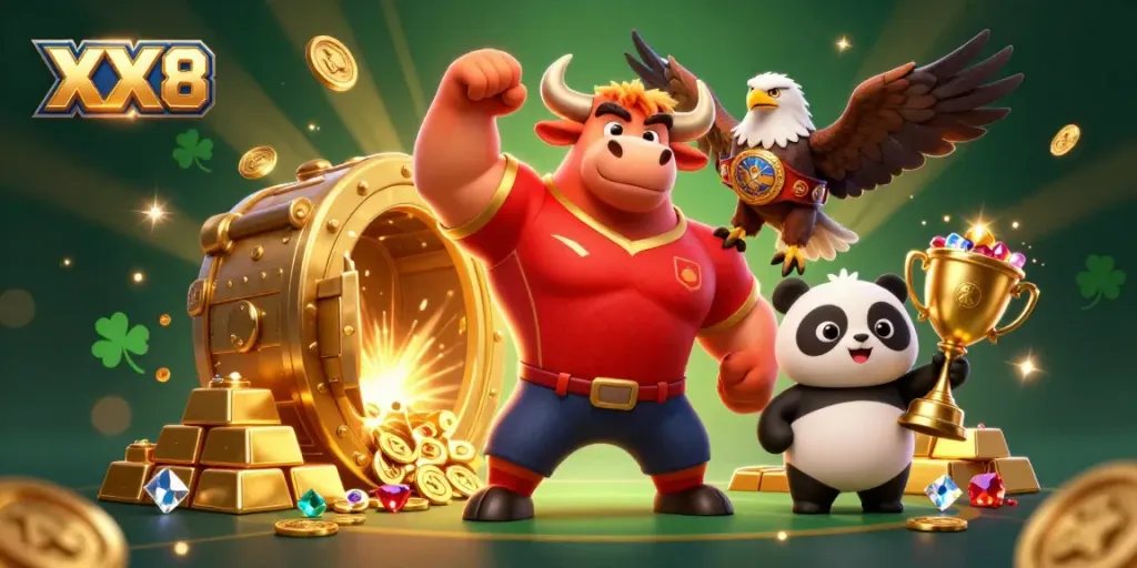 Experience thrilling wins with XX8 as a triumphant bull mascot celebrates with jewels and gold in a lively casino.