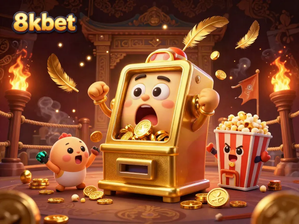 Engage with the thrilling world of 8xbet as a golden slot machine celebrates a jackpot amidst cheering baby slots and popcorn, radiating excitement.