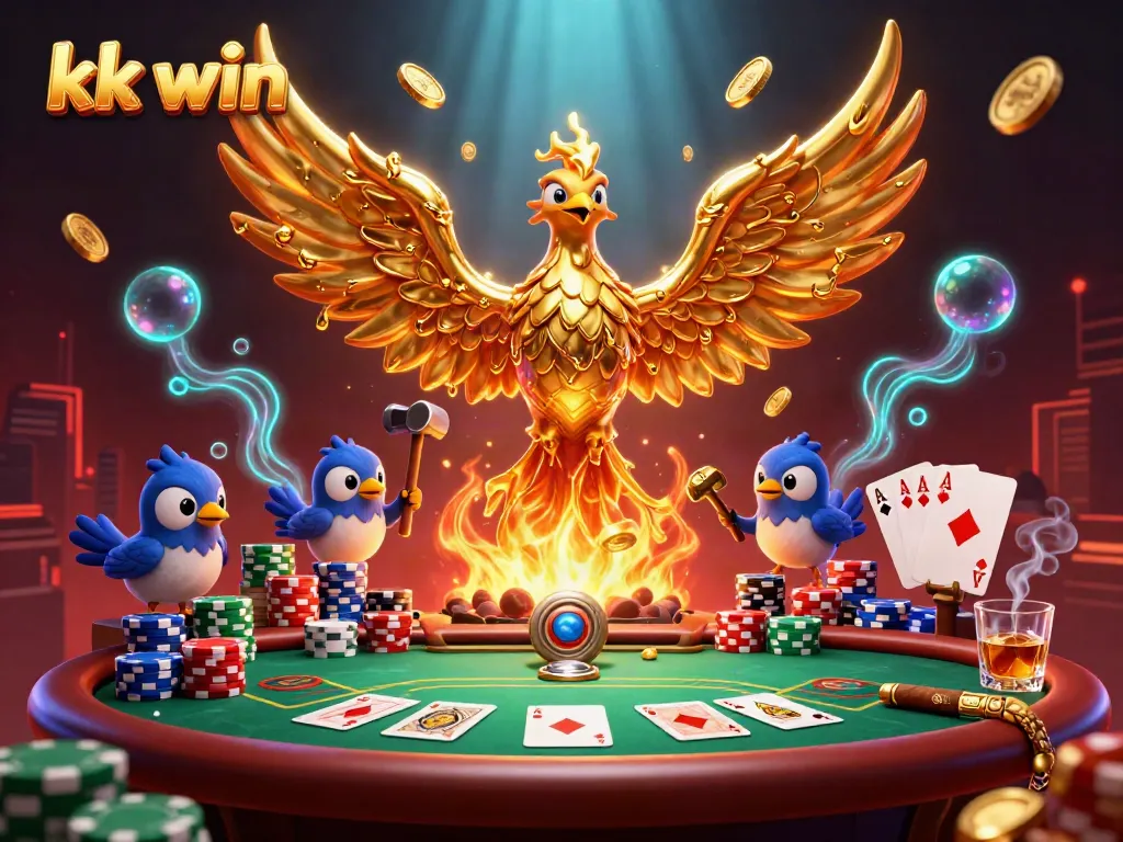 Experience the thrill of kk win with a dynamic 3D phoenix and poker scene illustrating high-stakes gambling action.