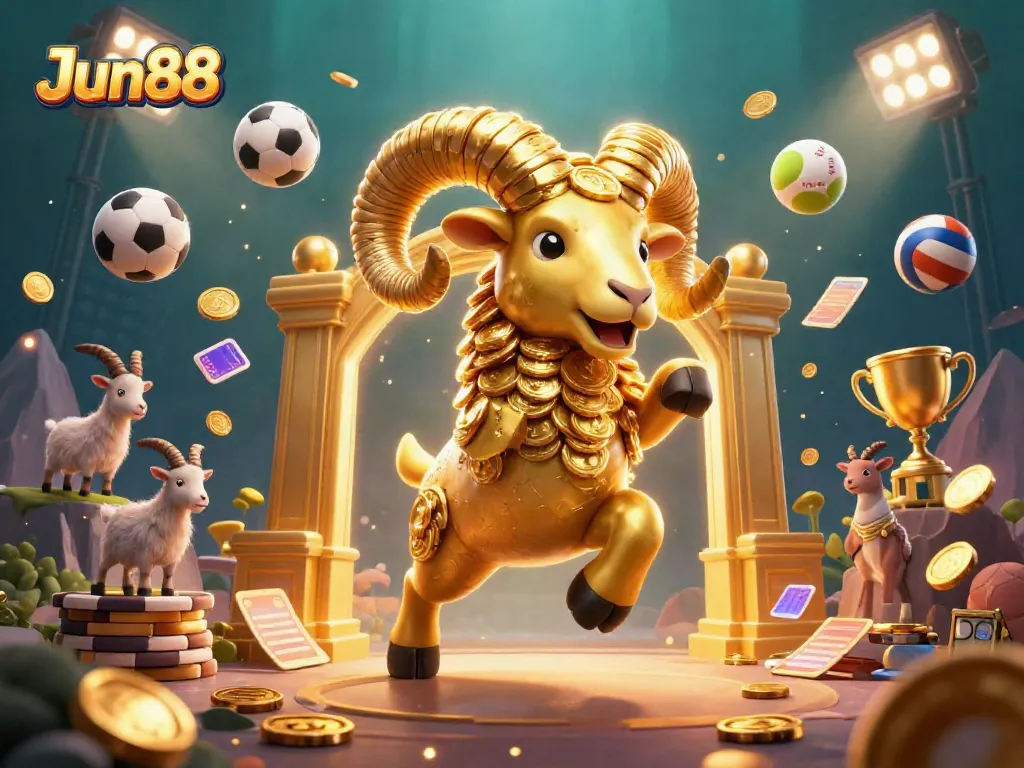 Experience the excitement of Jun88 with a dynamic 3D scene featuring a golden ram charging through a vibrant casino-themed environment.
