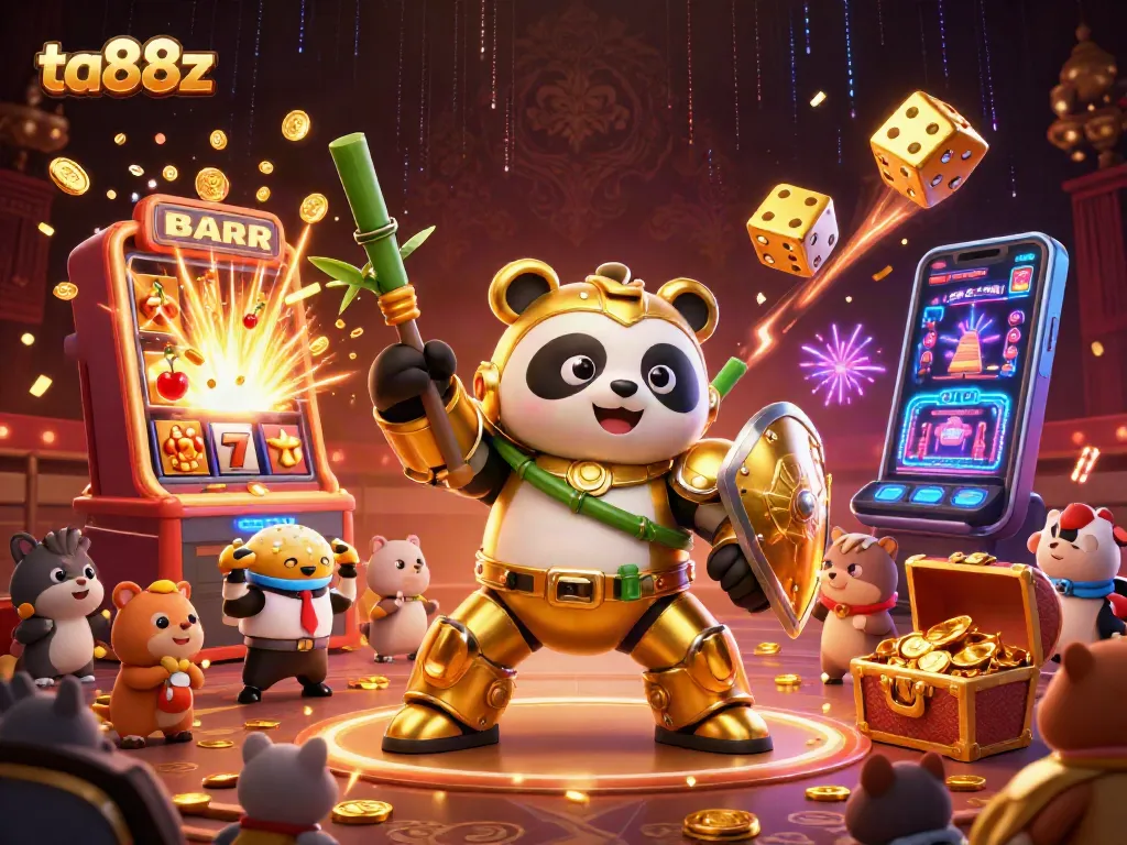 Engage with ta88z as a colorful golden panda battles in a vibrant casino-filled arena.