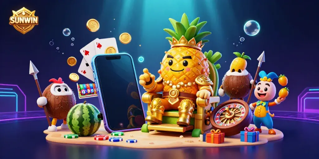 Experience the thrill of SUNWIN with vibrant characters and dynamic casino elements in a lively illustration.