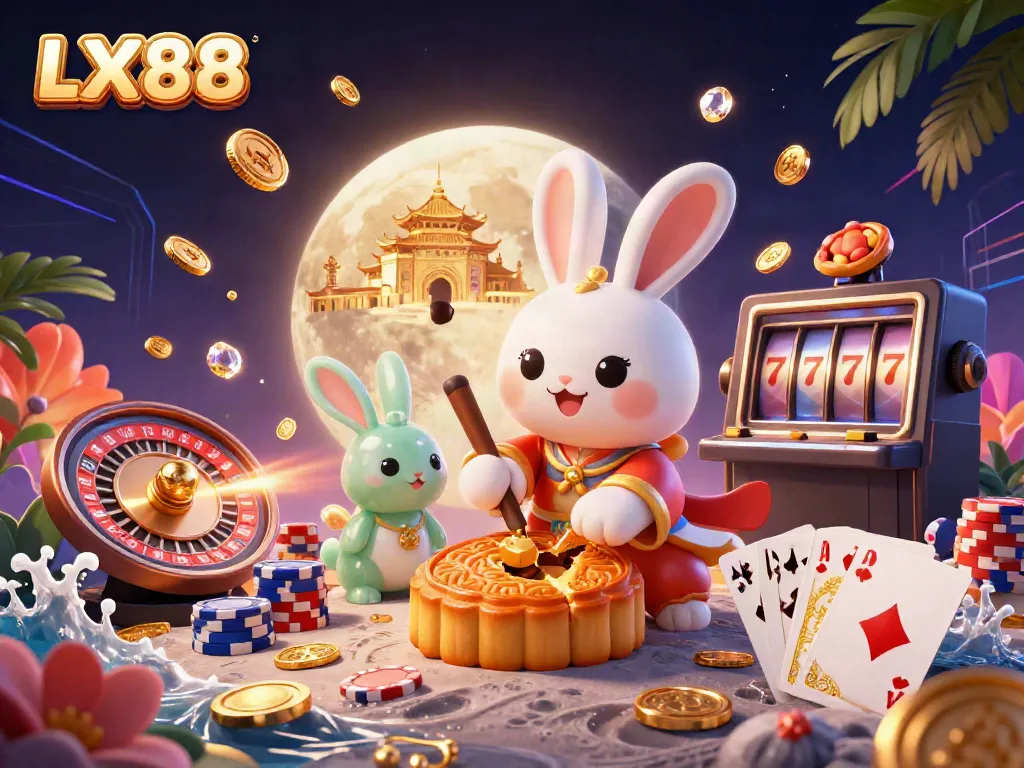 Experience the thrills of LX88 with a moon rabbit theme, gold coins, and a rich casino atmosphere.