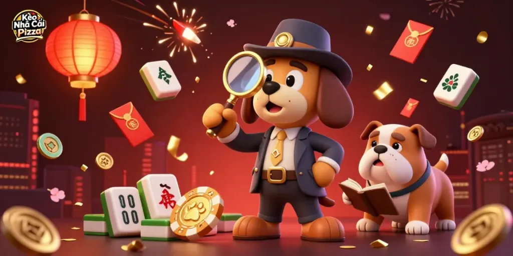 Kèo Nhà Cái Pizza showcases a detective and bulldog in a vibrant casino scene, exploring clues and treasures.
