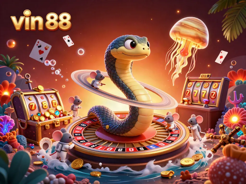 Experience the cosmic thrill of vin 88 casino games with a vibrant 3D illustration highlighting exciting betting activities.