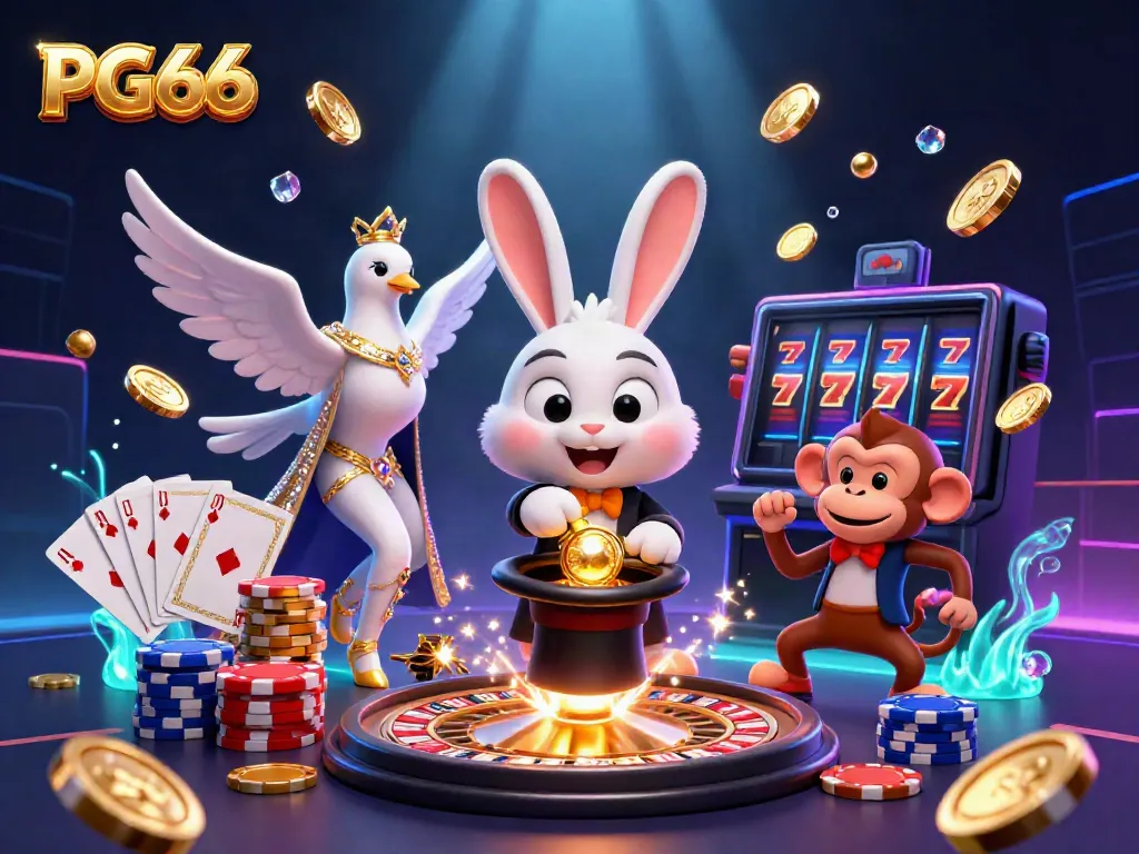 Engage with PG66 in a vibrant 3D casino scene featuring dynamic characters and lively gambling elements.