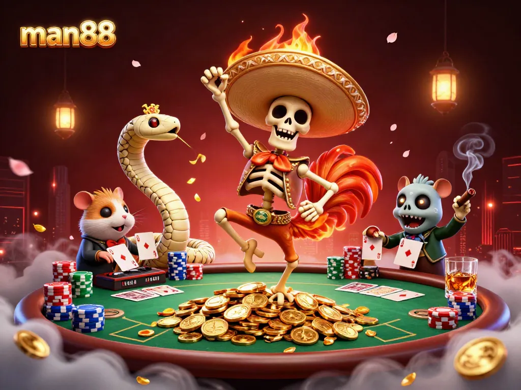 Join the man88 adventure with a celebratory skeleton mariachi rooster among golden coins and casino action.