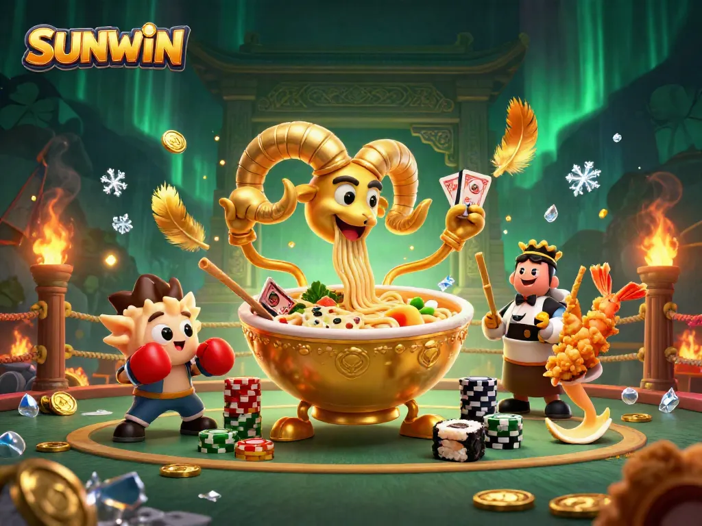 Experience the thrill of SUNWIN with vibrant 3D characters playing cards and stacking chips in a dynamic casino scene.