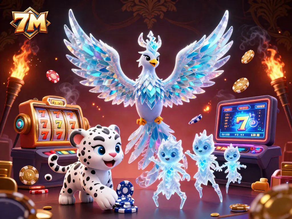 Engaging 7M casino visual featuring an ice phoenix and vibrant gambling elements.