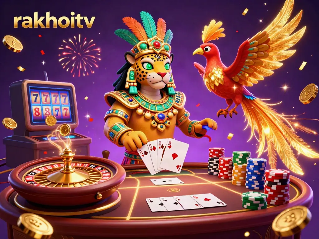Experience high-stakes action with rakhoitv in a dynamic online gambling illustration featuring vibrant characters and casino elements.