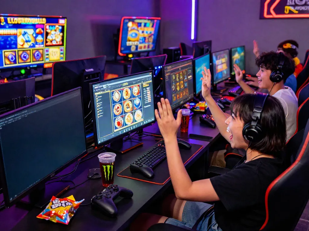 Diverse group celebrating wins in slot gacor games in a vibrant gaming room.