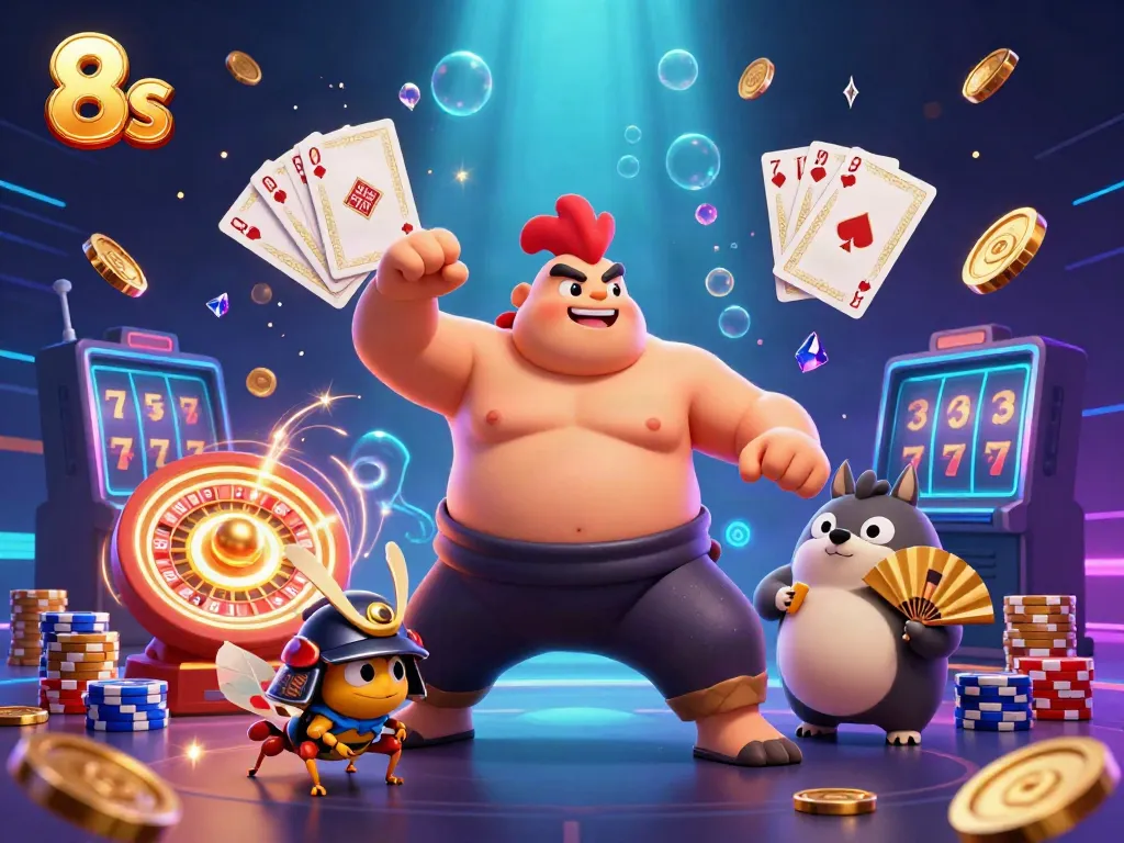 Experience thrilling casino action with 8s as colorful characters and elements fill the scene.