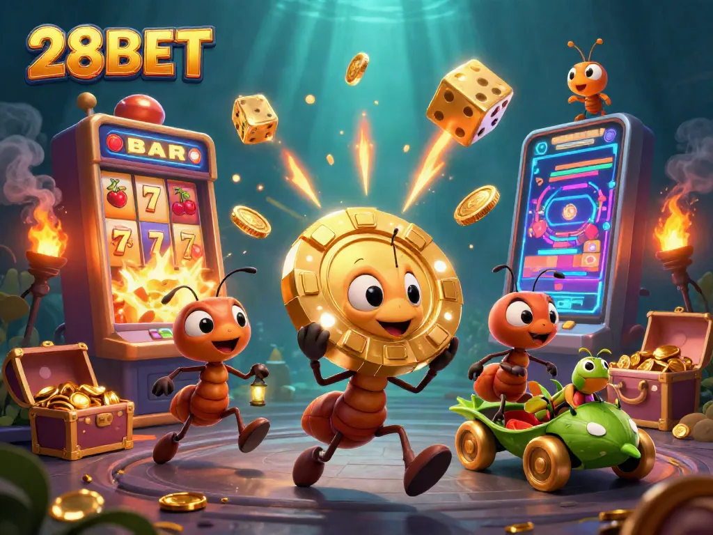 Engage with 28BET through a vibrant scene of ants heisting a golden poker chip amidst a casino explosion.