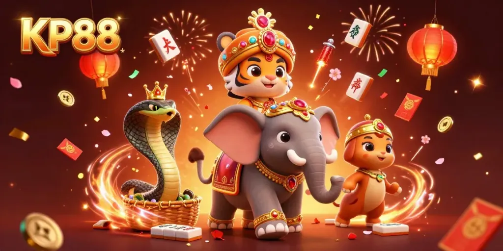 Engage with KP88's vivid 3D casino world, showcasing vibrant characters and cheerful gambling elements.