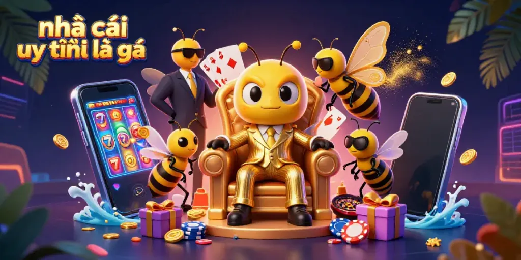 Engaging illustration depicting nhà cái uy tín là gì with a cartoon bumblebee mob boss and vibrant casino elements