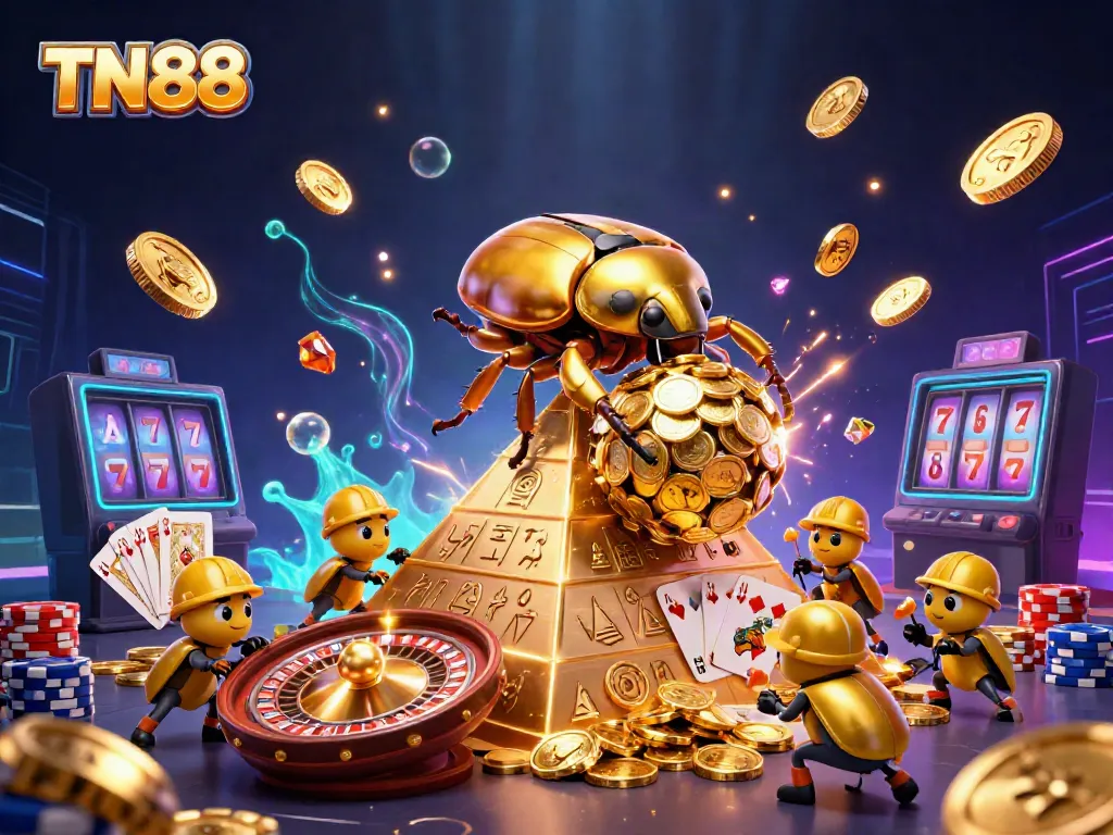 Experience exciting casino action with TN88 as golden beetles roll coins amidst vibrant gambling elements.
