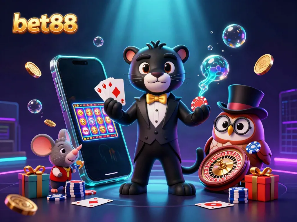 Bet88 offers a vibrant 3D casino scene featuring a stylish black panther dealer and playful characters.