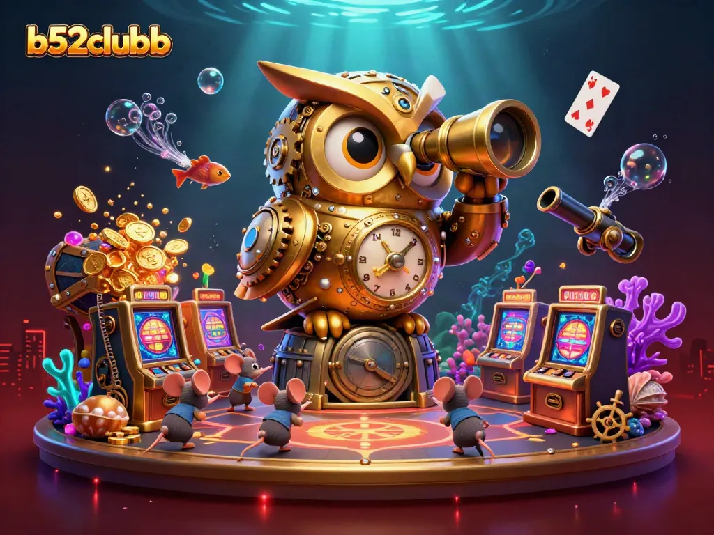 Engage with the vibrant b52clubb casino scene showcasing an enchanting golden owl and playful mice amidst rich treasures.