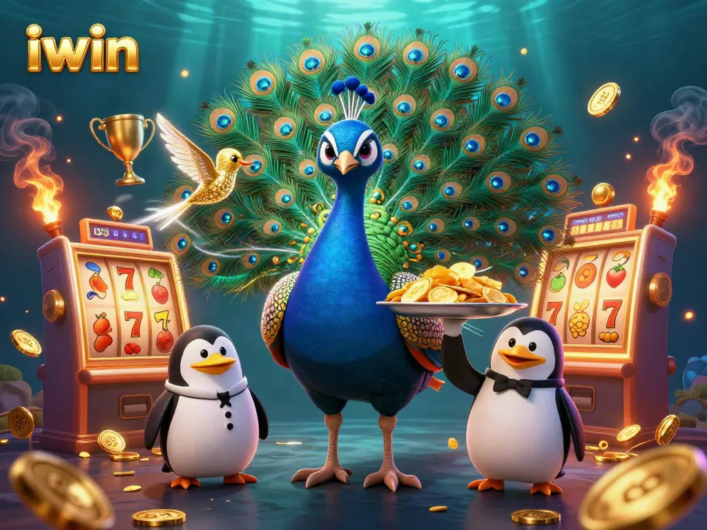 Play exciting iwin slots with a vibrant scene featuring a majestic peacock and vibrant casino elements.