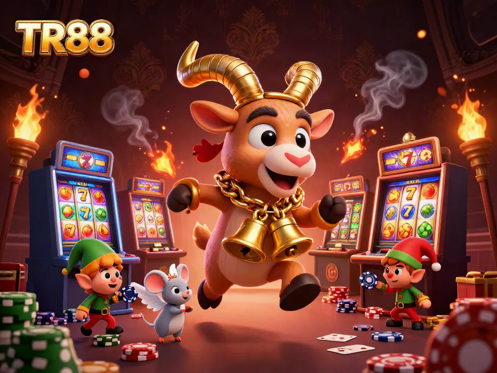 Engage in thrilling gaming experiences at TR88 with festive characters and exciting slot machine action.