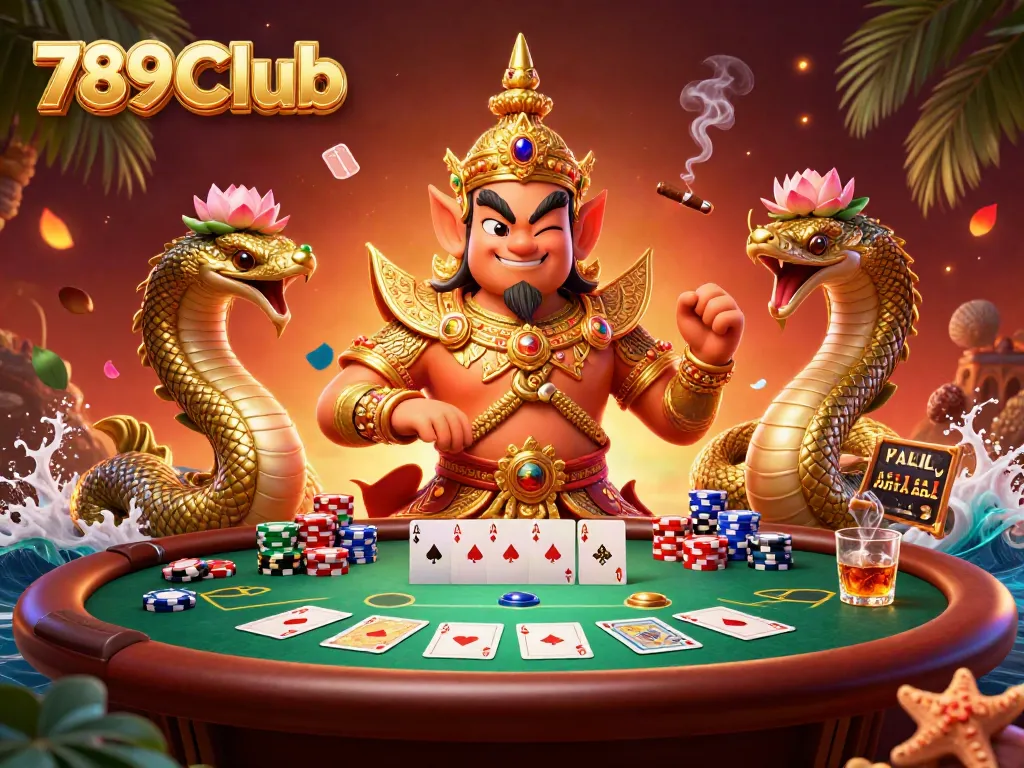 Join the fun at 789Club with vibrant poker elements and friendly guardian characters in a dynamic casino scene.