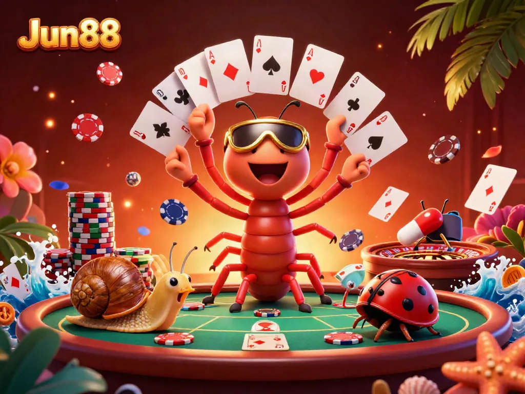 Engage in thrilling casino fun at Jun88 with a vibrant illustration of a millipede dealer and snail high-roller.