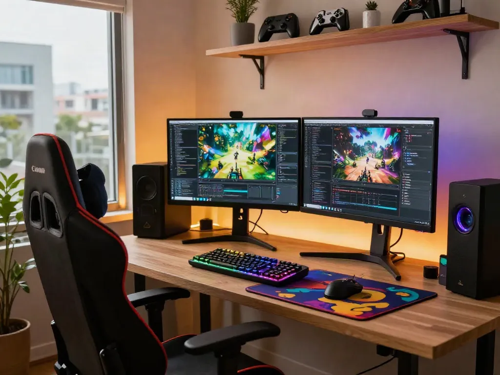 Home office gaming setup highlighting istana404 themes with vibrant graphics and engaging atmosphere.