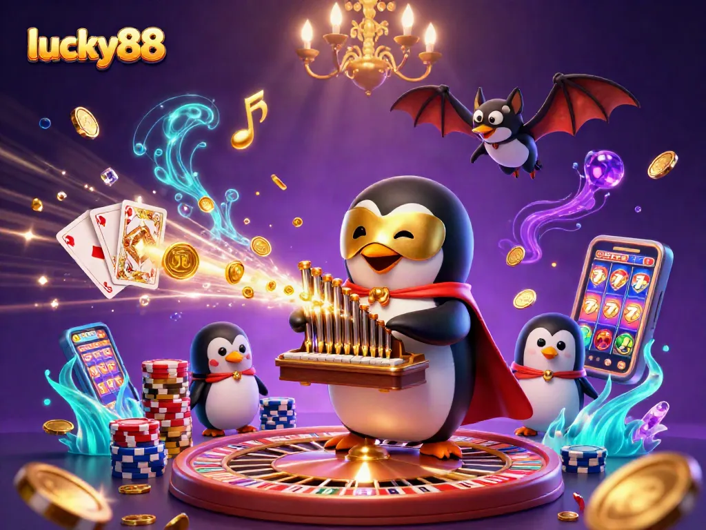 Experience thrilling gameplay at lucky88 with a cartoon penguin organist surrounded by exciting casino elements.
