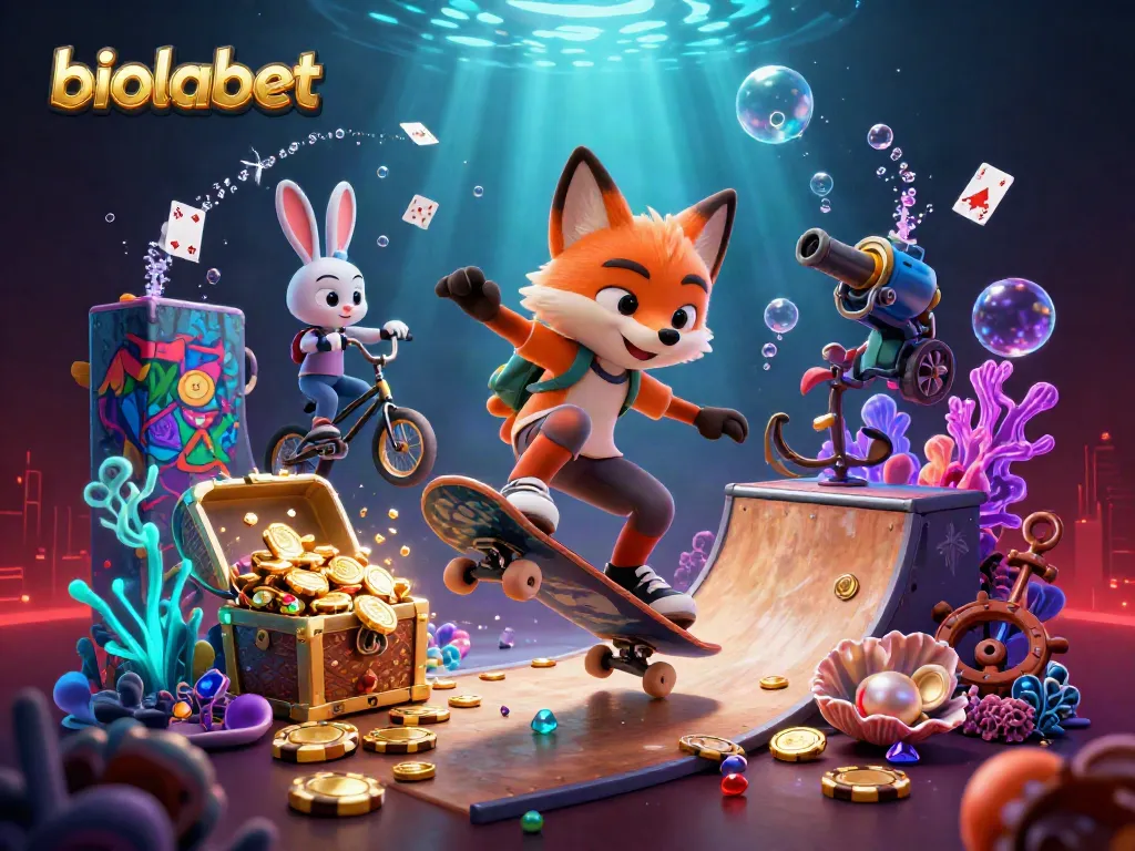 Experience biolabet excitement with a skateboarder fox and BMX rabbit in dynamic casino-themed scene