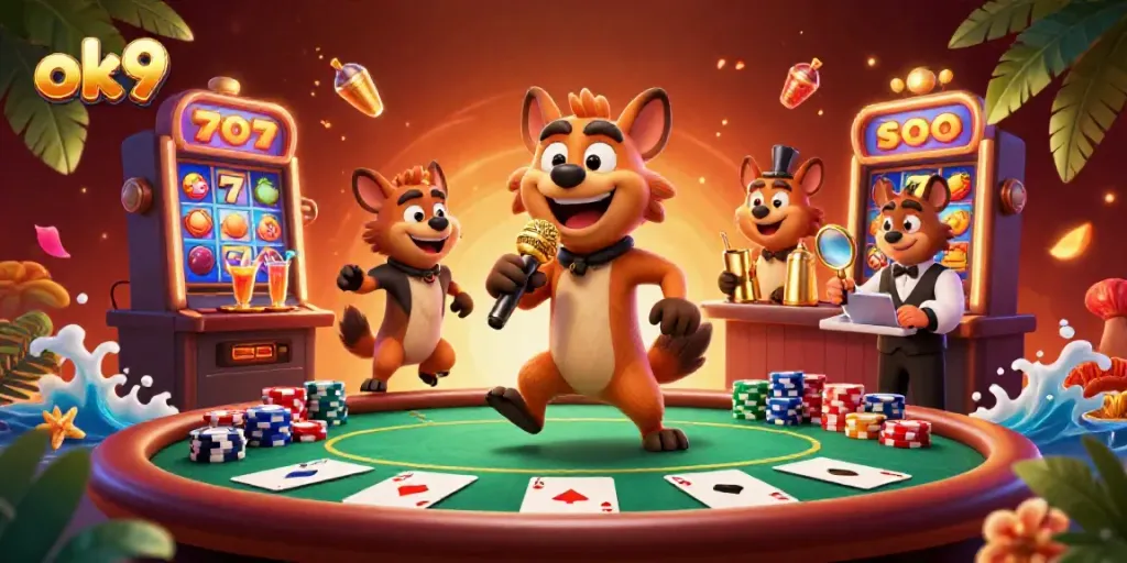 Experience the lively atmosphere of ok9 casino with comedy hyenas, vibrant slots, and colorful poker elements.