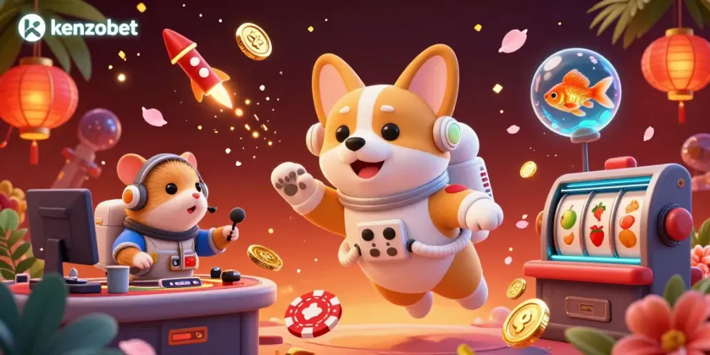 Experience the excitement of kenzobet with floating poker chips and vibrant gaming elements in a space-themed casino.